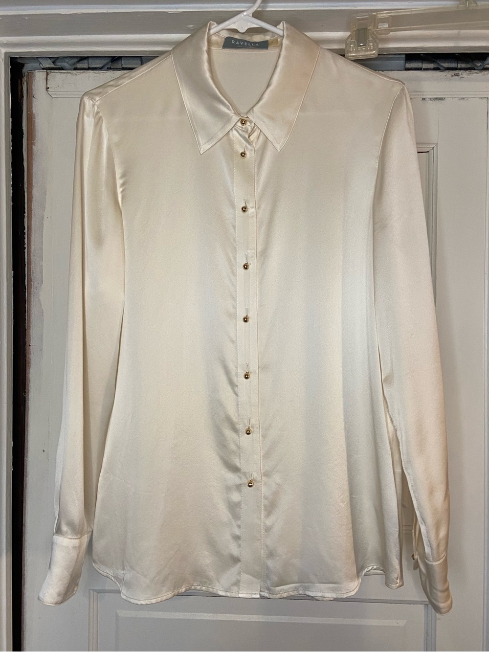 RAVELLA Milano 100% Pure Silk Blouse Gold Buttons Pearl White Sz 6